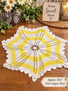 Source Unknown Yellow and White Crochet Star Doily
